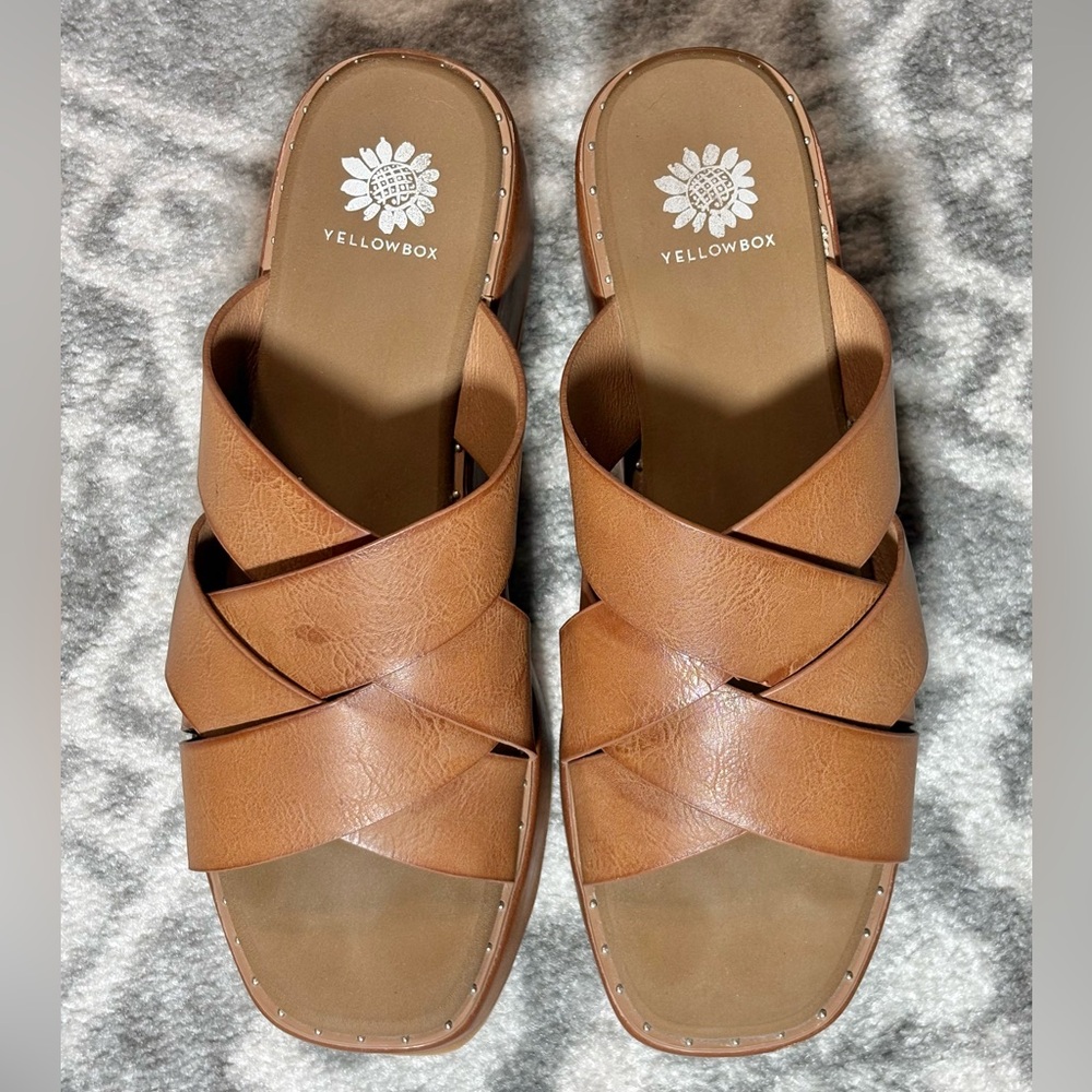 Yellow Box Women's Cognac Crisscross Slide Sandals Size 7.5